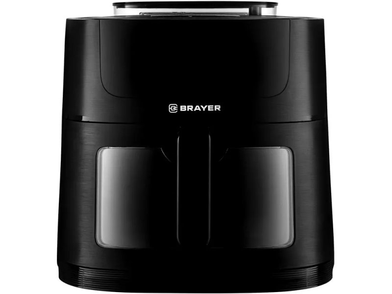 Brayer BR2042 аэрогриль чёрный — вид спереди, округлый корпус с прозрачным смотровым окном