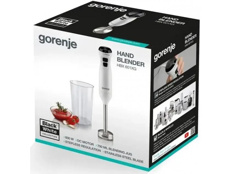 Gorenje HBX601XG — упаковка с маркировкой 600W, DC мотор, стальная чаша, регулировка скорости