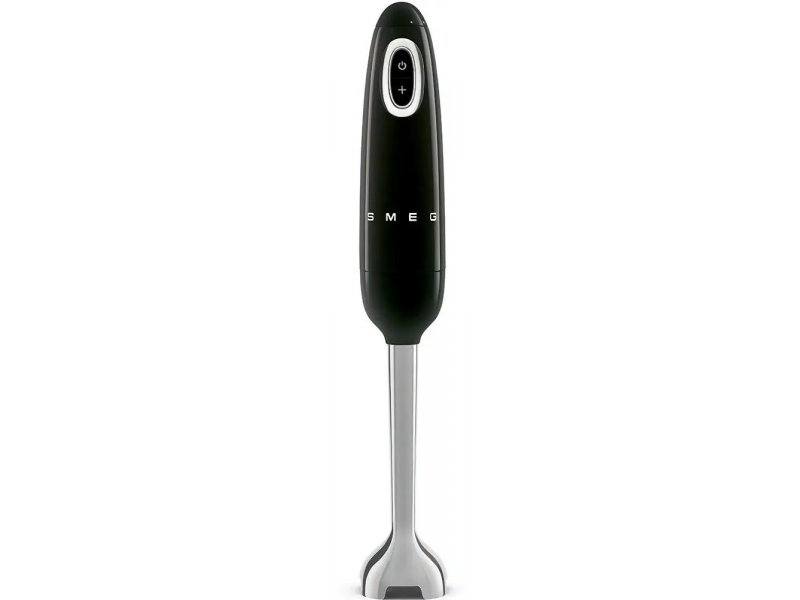 Smeg HBF11BLEU черный серебристый — погружной блендер вид спереди, кнопка включения и логотип