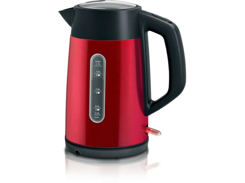 Bosch TWK4P434 красный металлический чайник — вид спереди, шкала уровня воды