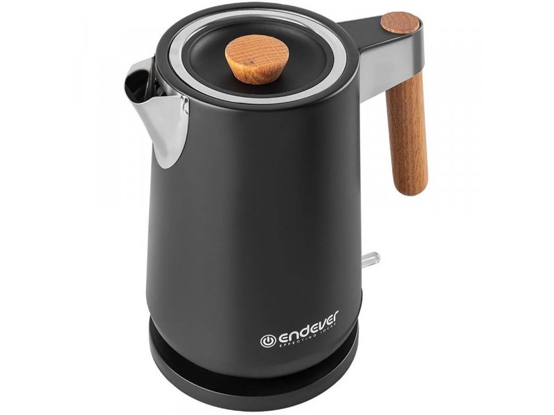 Endever Skyline KR-372S чёрный чайник из нержавеющей стали с деревянными элементами на подставке