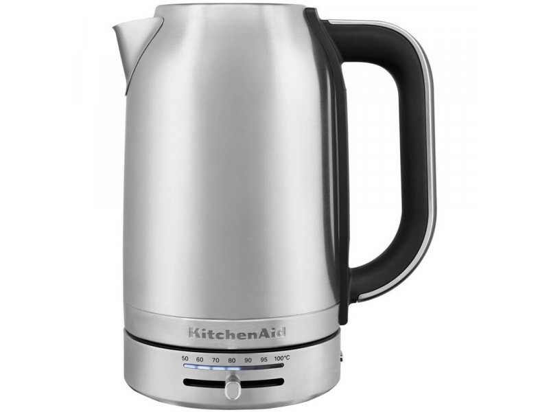 KitchenAid 5KEK1701ESX серебристый — вид спереди, стальной корпус, чёрная рукоятка и подставка