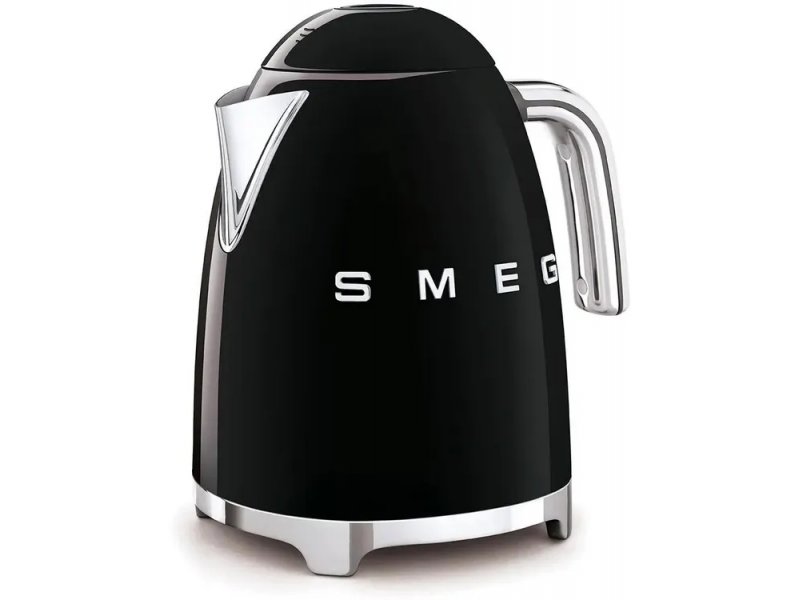 Smeg KLF03BLEU — вид под углом, силуэт конусообразного корпуса, носик и подставка с ножками