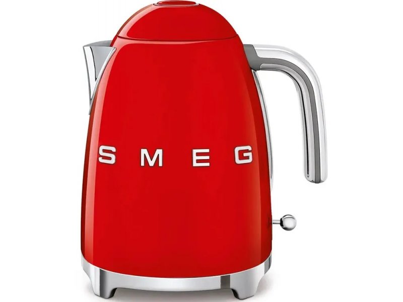 Smeg KLF03RDEU красный электрический чайник — вид спереди, глянцевый корпус из нержавеющей стали