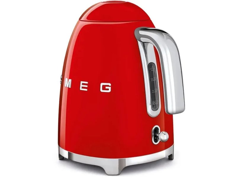 Smeg KLF03RDEU красный — боковой вид, прозрачная панель уровня воды и закрытый нагревательный элемент