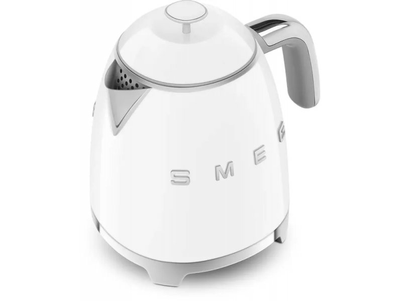 Smeg KLF05WHEU белый чайник вид сбоку с закрытой крышкой и механизмом открытия