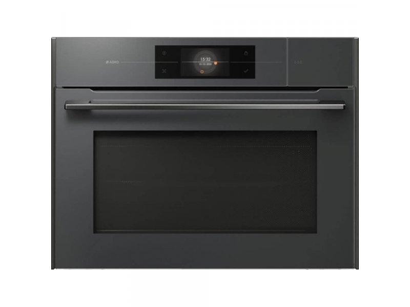 Asko OCSM8478GG вид спереди — компактный духовой шкаф в жемчужно-сером корпусе с TFT-дисплеем