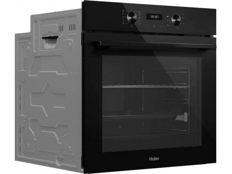 Haier HOQ-A2AEN3GB изометрический вид — чёрный корпус и внутренняя конструкция камеры с направляющими