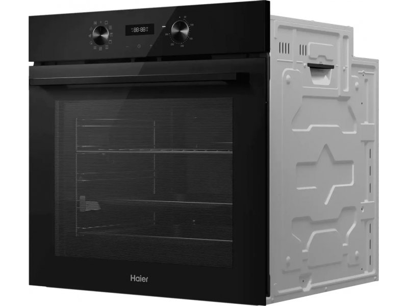 Haier HOQ-R2ARN3GB — вид под углом с открытой камерой, телескопические направляющие и внутренняя конструкция