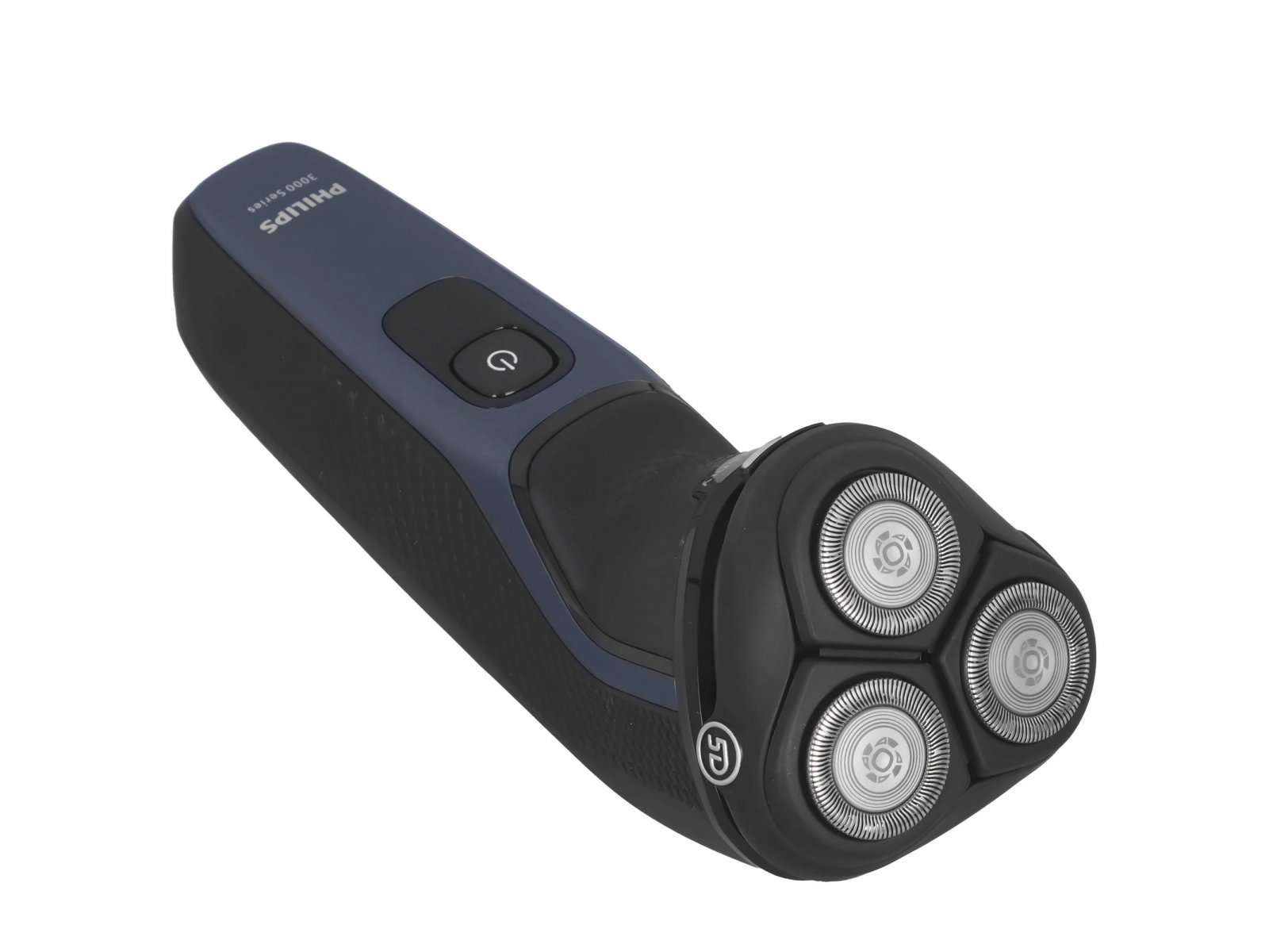 Philips S3144/00 изометрический вид &mdash; три роторные головки спереди, кнопка питания, надпись PHILIPS