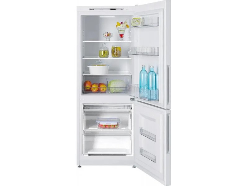 Atlant XM-4609-101 наполненный холодильник продукты на полках демонстрация вместимости