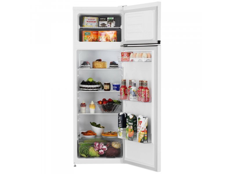 Beko B1RDSK280W открытые камеры с продуктами полки холодильника и отделения на дверях