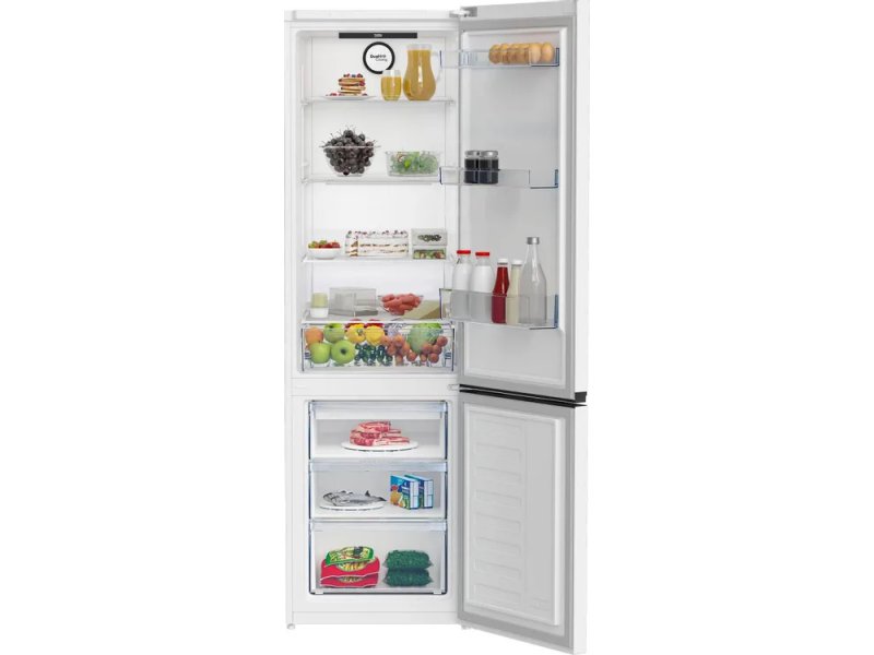Beko B3R0CNK402HW открытые двери, полки из закалённого стекла и ящики морозильника снизу
