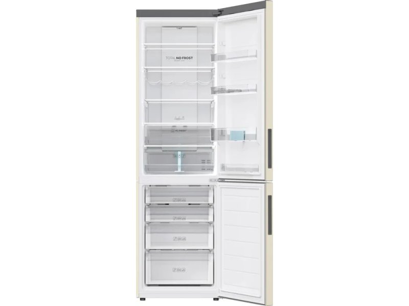 Haier C2F637CCGU1 — открытый холодильник: верхняя камера с полками No Frost, нижняя — ящики морозильника