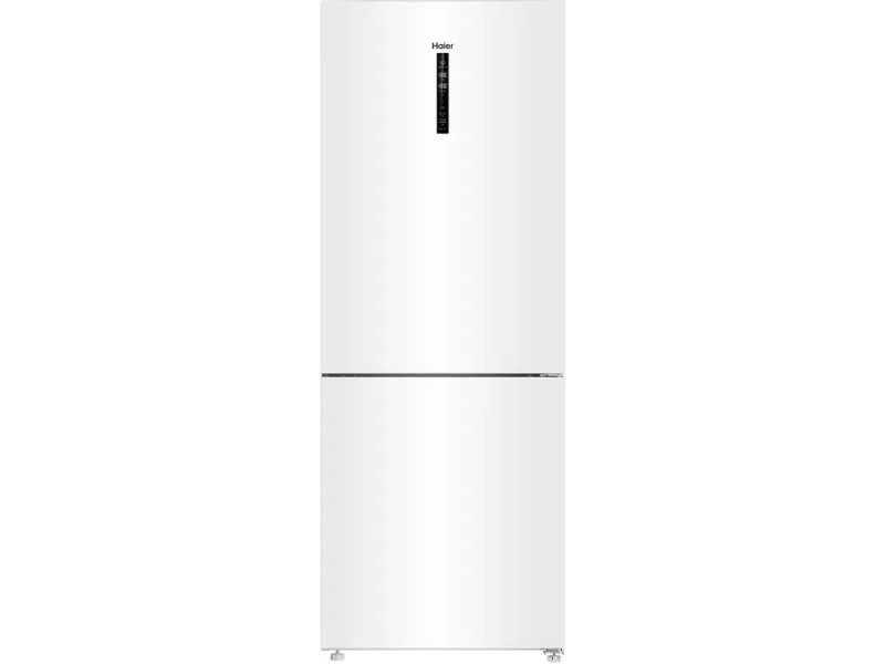 Haier C4F744CWGU1 белый двухкамерный холодильник 439 л, вид спереди, закрытые двери, внешний сенсорный дисплей