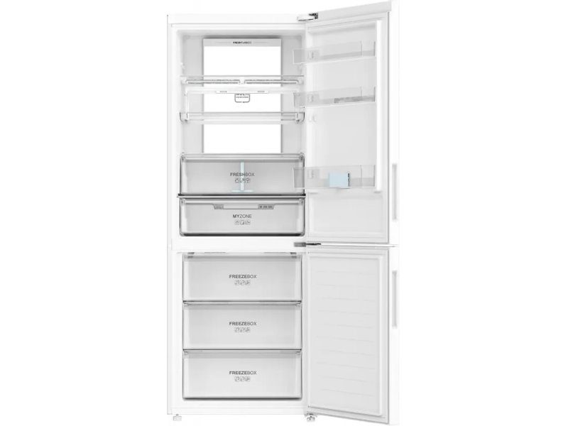 Haier C4F744CWGU1 с открытыми дверями — три стеклянные полки холодильника, ящики FreshBox, морозильные отсеки снизу
