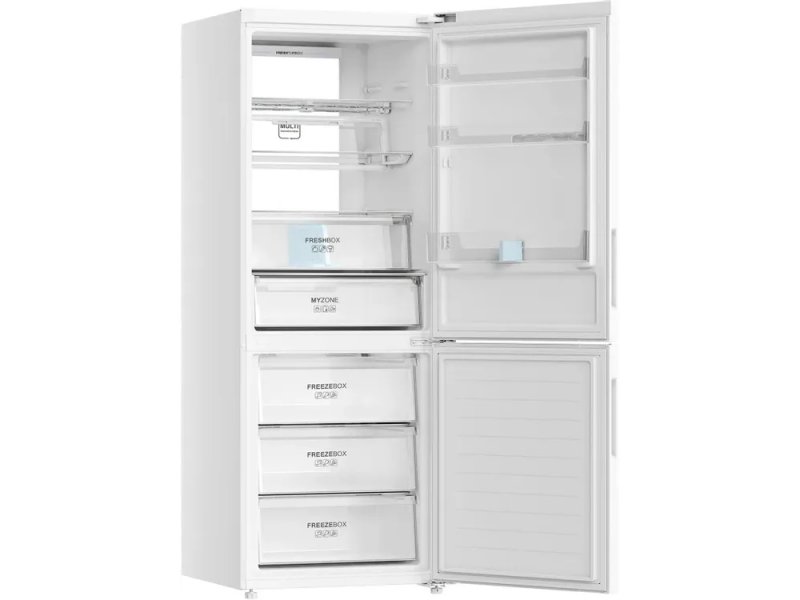 Haier C4F744CWGU1 с открытыми дверями, левосторонний вид, структура полок и морозильных ящиков