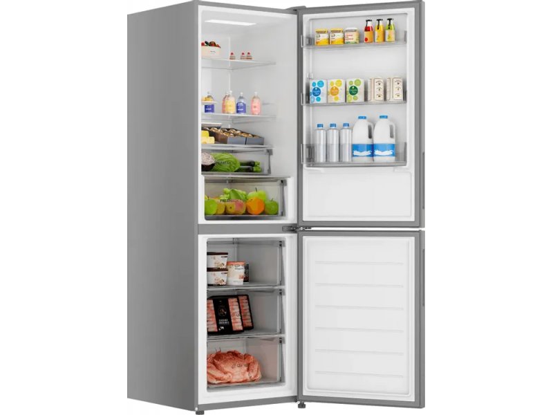 Haier CEF530CSRG верхняя холодильная камера с полками, напитками и нижняя морозилка с ящиками — вид с открытыми дверями
