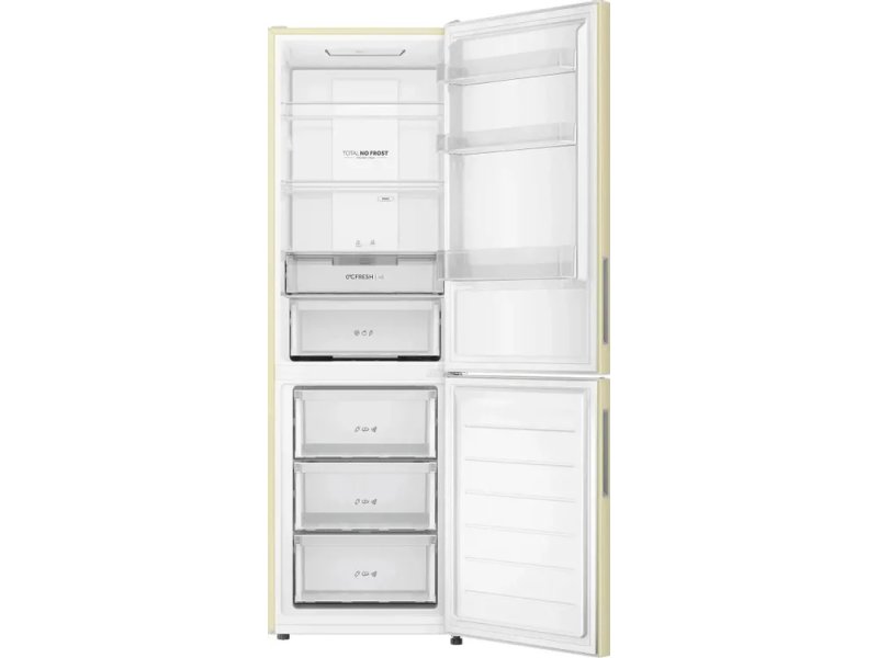 Haier CEF536CCG открытые двери — стеклянные полки холодильной камеры и выдвижные ящики морозилки снизу