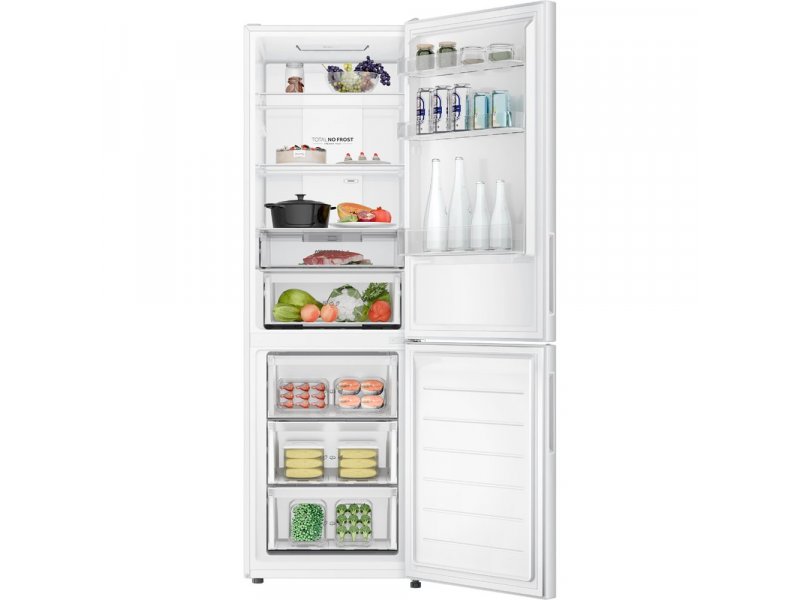 Haier CEF536CWG заполнен продуктами — овощи, фрукты, молочные продукты, демонстрация реальной вместимости