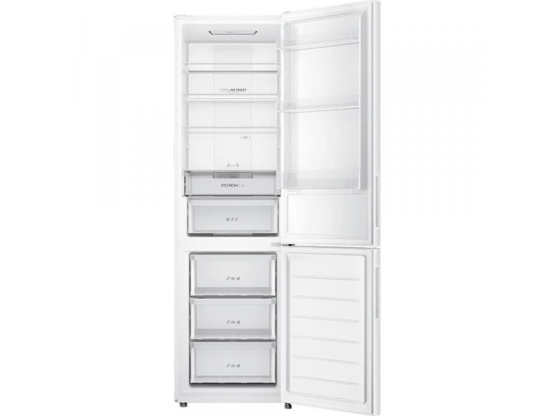 Haier CEF538CWG открытые дверцы — стеклянные полки, ящик для овощей, зона свежести и три полки на двери