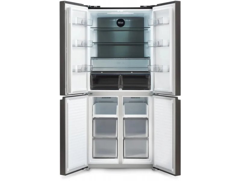 Hyundai CM45043F — открытые верхние двери, полки с продуктами, зона свежести, сенсорный дисплей температуры