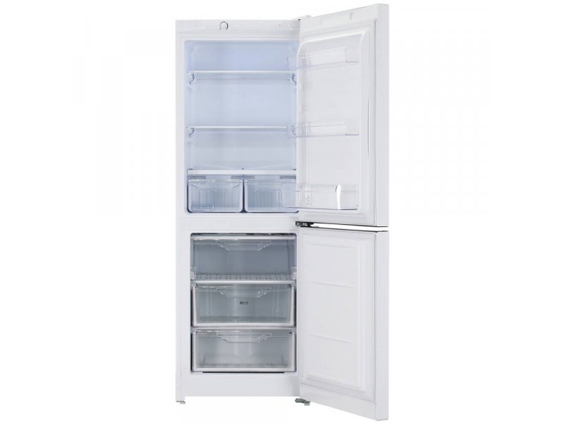 Indesit DS 3160 W открытые двери холодильная камера с полками и морозилка с ящиками