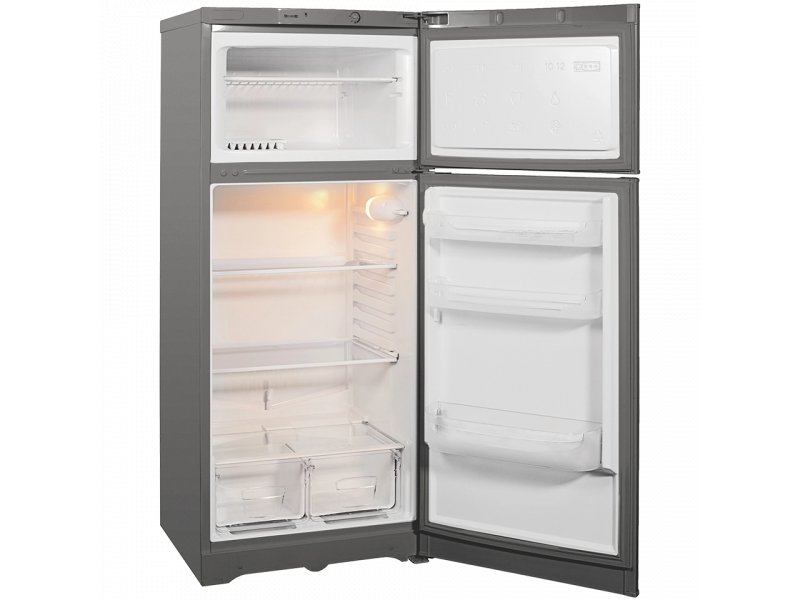 Indesit TIA 14 G внутренняя структура открытые двери морозильная камера сверху холодильная снизу