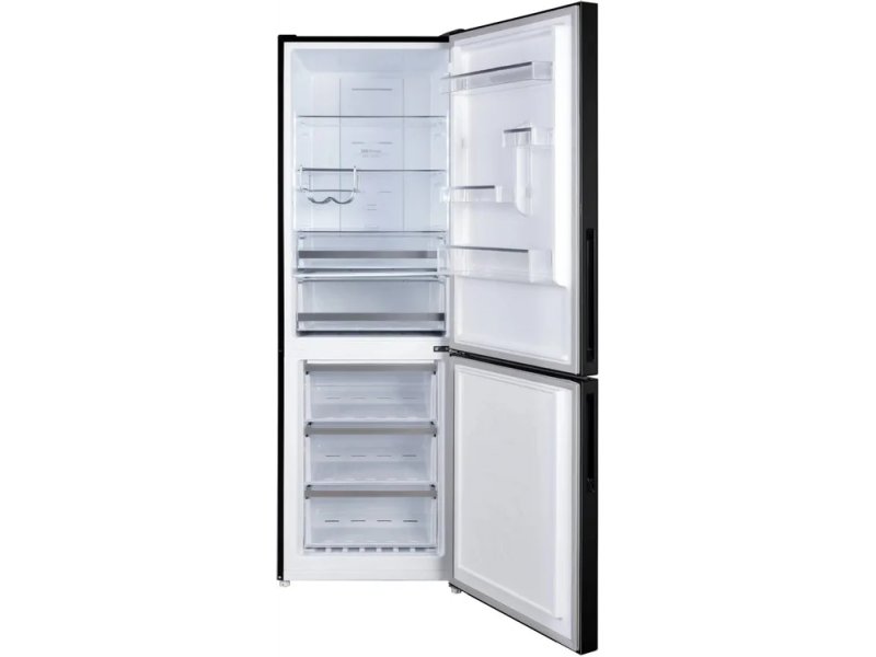 Korting KNFC 61869 GN — открытые камеры, стеклянные полки холодильника и три пластиковых ящика морозилки