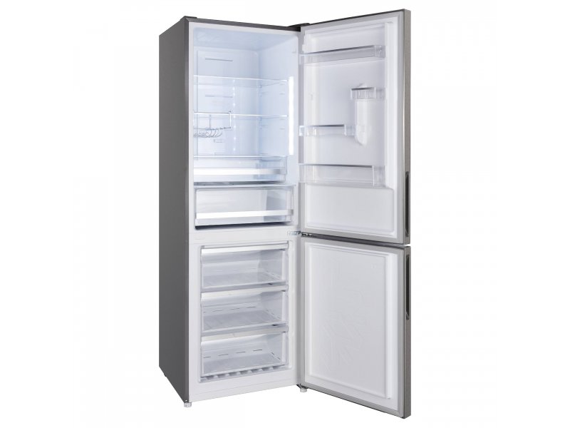 Korting KNFC 61869 X — открытые двери, три стеклянные полки холодильника и три ящика морозильной камеры