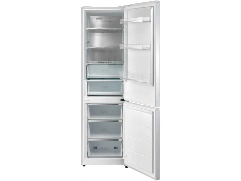 Korting KNFC 62029 W открытые двери — стеклянные полки холодильной камеры и три ящика морозильного отсека