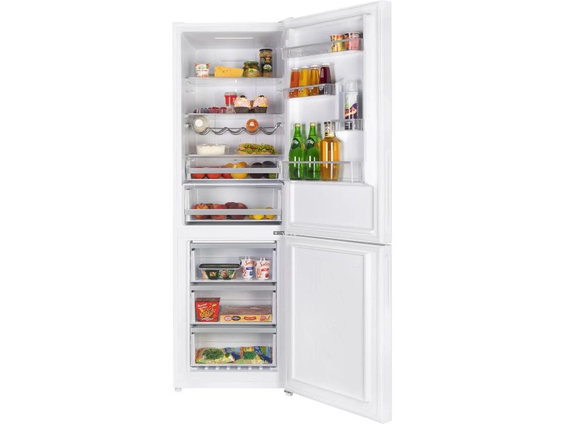 Maunfeld MFF185NFW открытые двери холодильник заполнен продуктами полки ящики зоны хранения