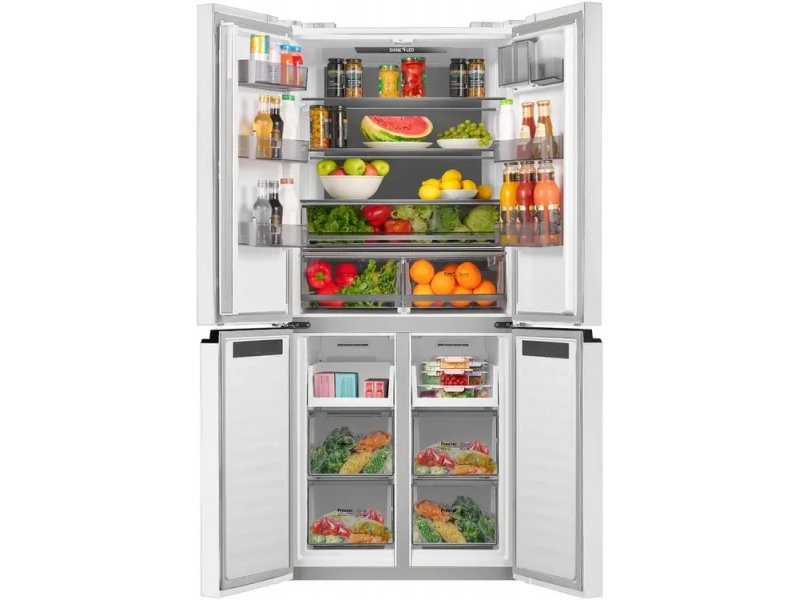 Maunfeld MFF192NFPW01 открытый с продуктами — три ящика для овощей и фруктов, семь полок на двери, организация хранения