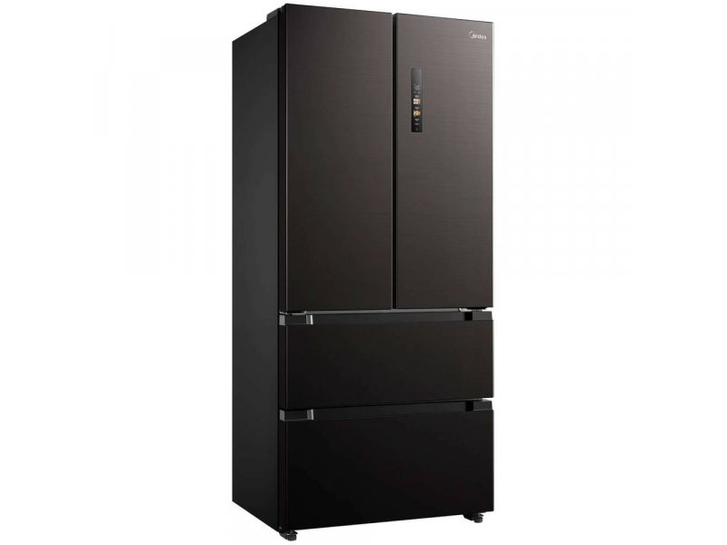 Midea MDRF692MIE28 вид в три четверти — чёрный матовый корпус, ножки, глубина 65,3 см