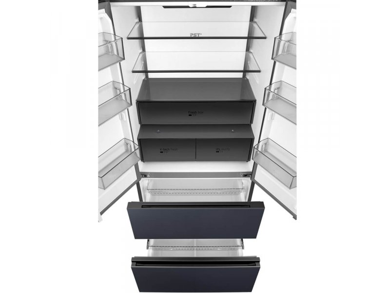 Midea MDRF705BIE70 конструкция — открытые верхние двери и выдвижные нижние ящики, обзор внутреннего устройства
