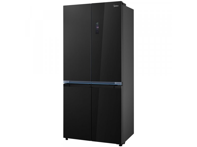 Midea MDRM706BIE63 трёхчетвертной вид — четырёхдверный холодильник чёрного цвета, сенсорный дисплей на правой панели