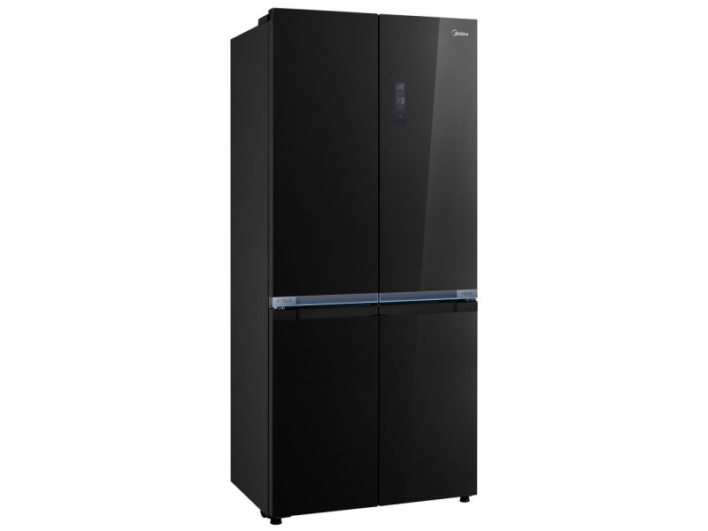 Midea MDRM706BIE63 боковой вид под углом — тонкий профиль, чёрный стеклянный корпус, минималистичный дизайн