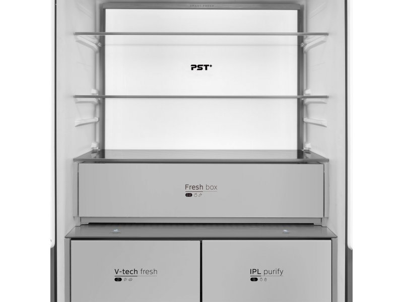 Midea MDRM706BIE63 верхнее отделение холодильника — полки, ящик Smart Fresh с дисплеем температурного контроля