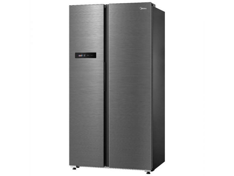Midea MDRS791MIE46 вид под углом — серебристо-серый металлический корпус, закрытые двери, панель управления на левой дверце