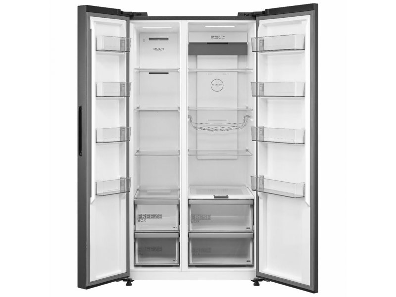 Midea MDRS791MIE46 открытый пустой — внутренняя организация, полки, ящики морозильного и холодильного отделений