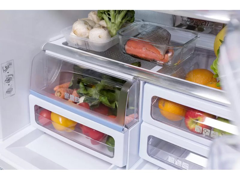 Sharp SJ-FS97VSL — открытые нижние ящики с продуктами, организация зон хранения фруктов и овощей