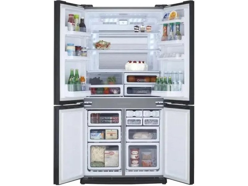 Sharp SJGX98PRD заполненный продуктами — организация хранения на стеклянных полках