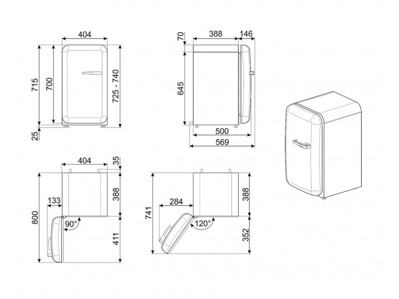 Smeg FAB5LSV6 технические чертежи габаритные размеры угол открывания двери