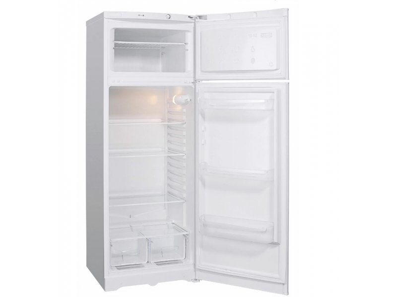 Stinol TS 145 открытые камеры — полки холодильника с ящиками для овощей, морозилка сверху
