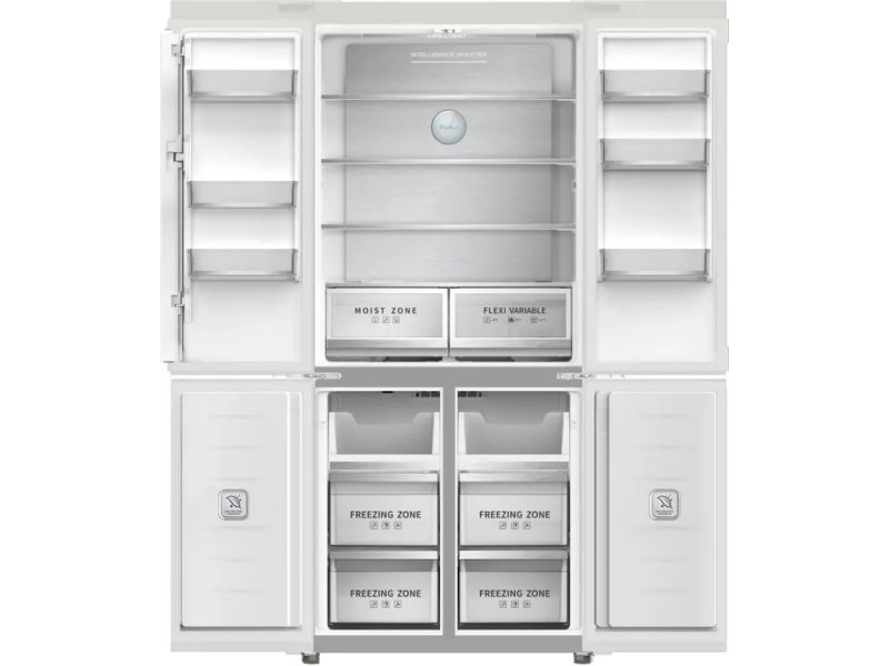 Tesler RCD-487BI открытые двери — полки холодильной камеры, зона свежести, морозильные ящики и органайзеры