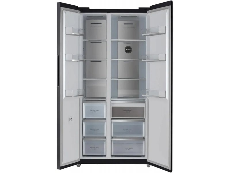 Tesler RSD-537BI с открытыми дверями — полки, ящики для овощей, организация хранения