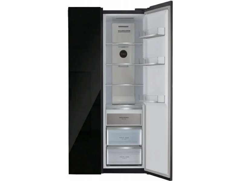 Tesler RSD-537BI открытая холодильная камера справа — стеклянные полки, ящики для овощей