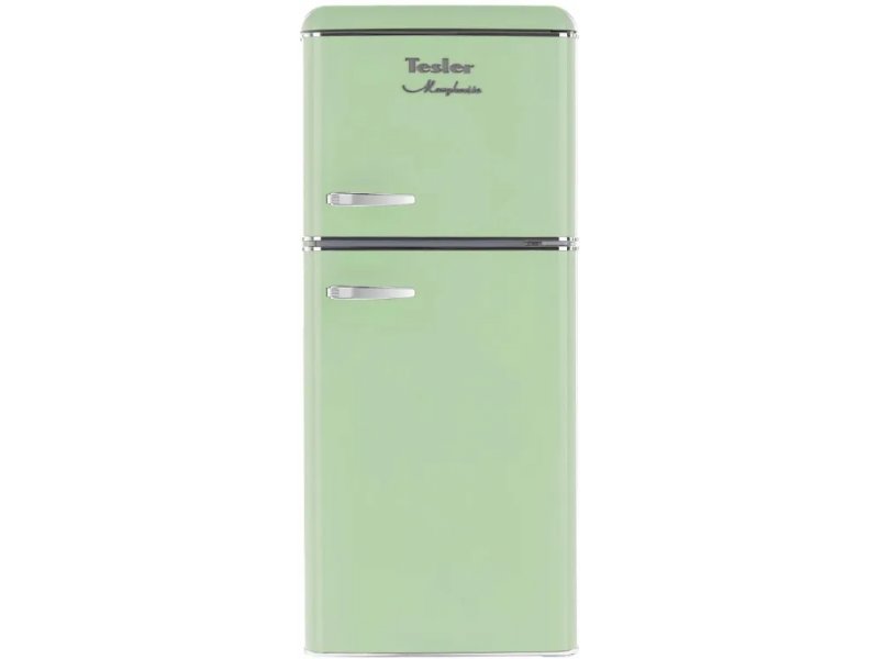 Tesler RT-152 зелёный двухкамерный холодильник, ретро-дизайн, хромированные ручки, металлические дверцы
