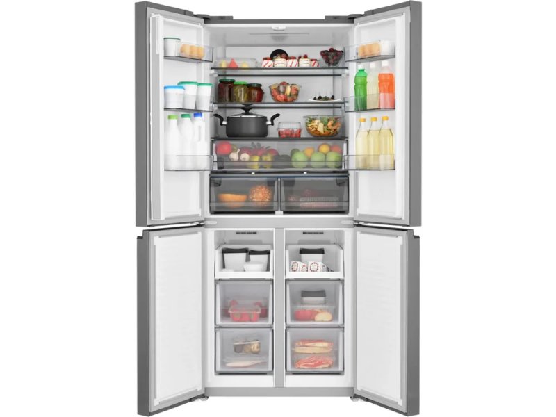Zugel ZRCD430C — все четыре двери открыты, холодильная камера сверху и морозильные ящики снизу
