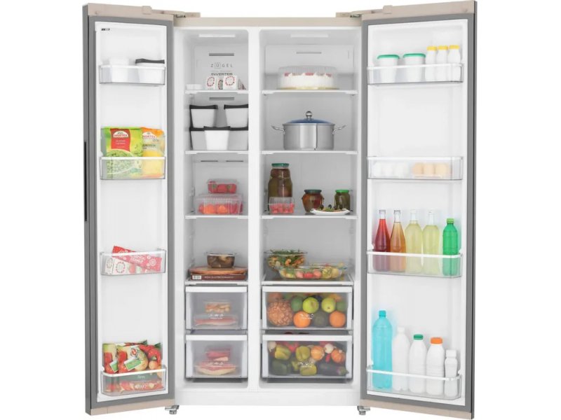 Zugel ZRSS630C открытые двери полки и ящики для овощей наполнен продуктами